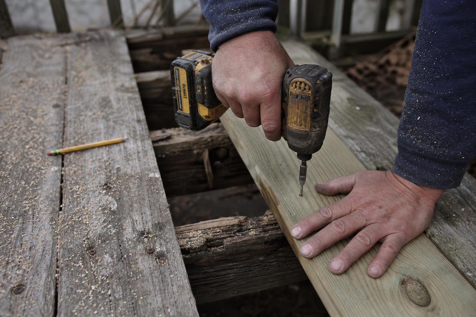 Handyman replacing a rotted deck board with fresh lumber on a Pacific Northwest backyard deck