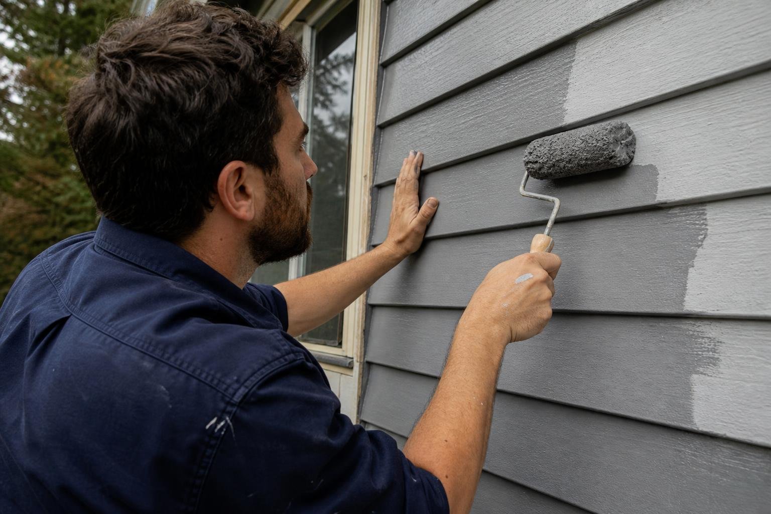 Painter on a ladder applying fresh exterior paint to the trim and siding of a Pacific Northwest craftsman home