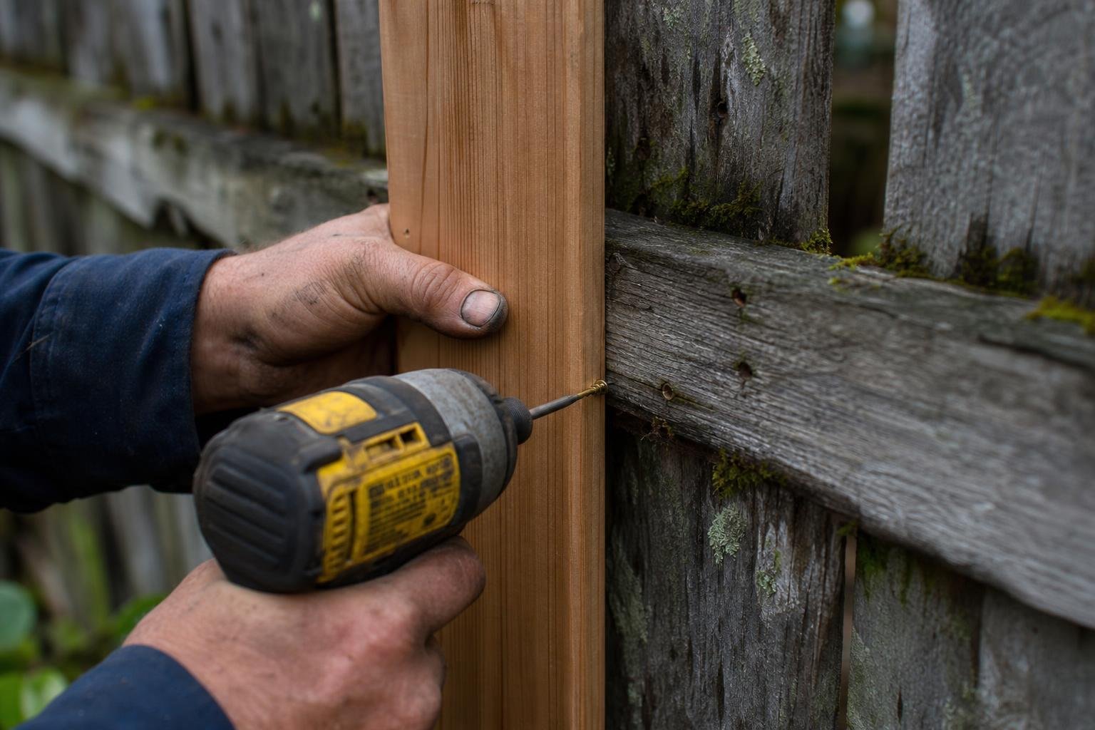 Handyman replacing a cedar fence picket with a cordless drill in a Pacific Northwest backyard