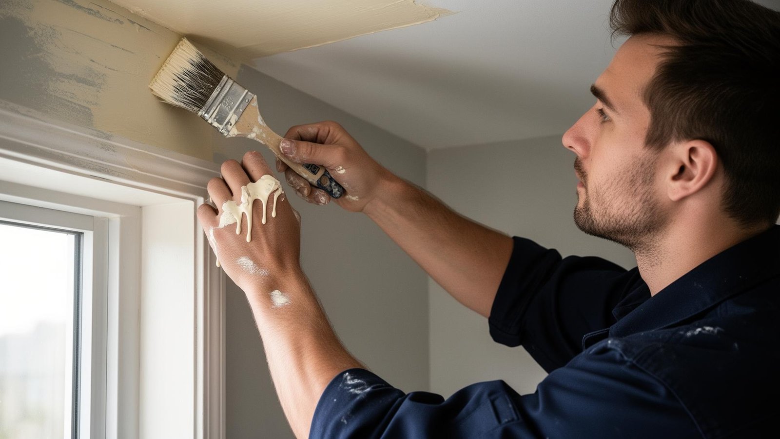 Painter rolling a warm-white coat onto an interior living room wall with crisp blue tape along the trim in a Pacific Northwest home
