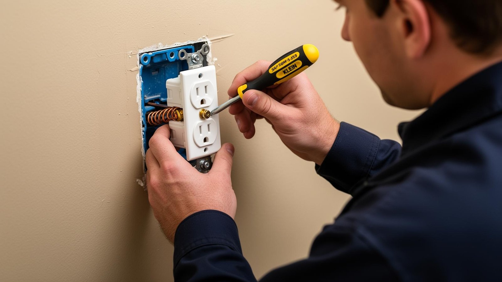 Handyman replacing a residential wall outlet, copper wires wrapped around the side screws